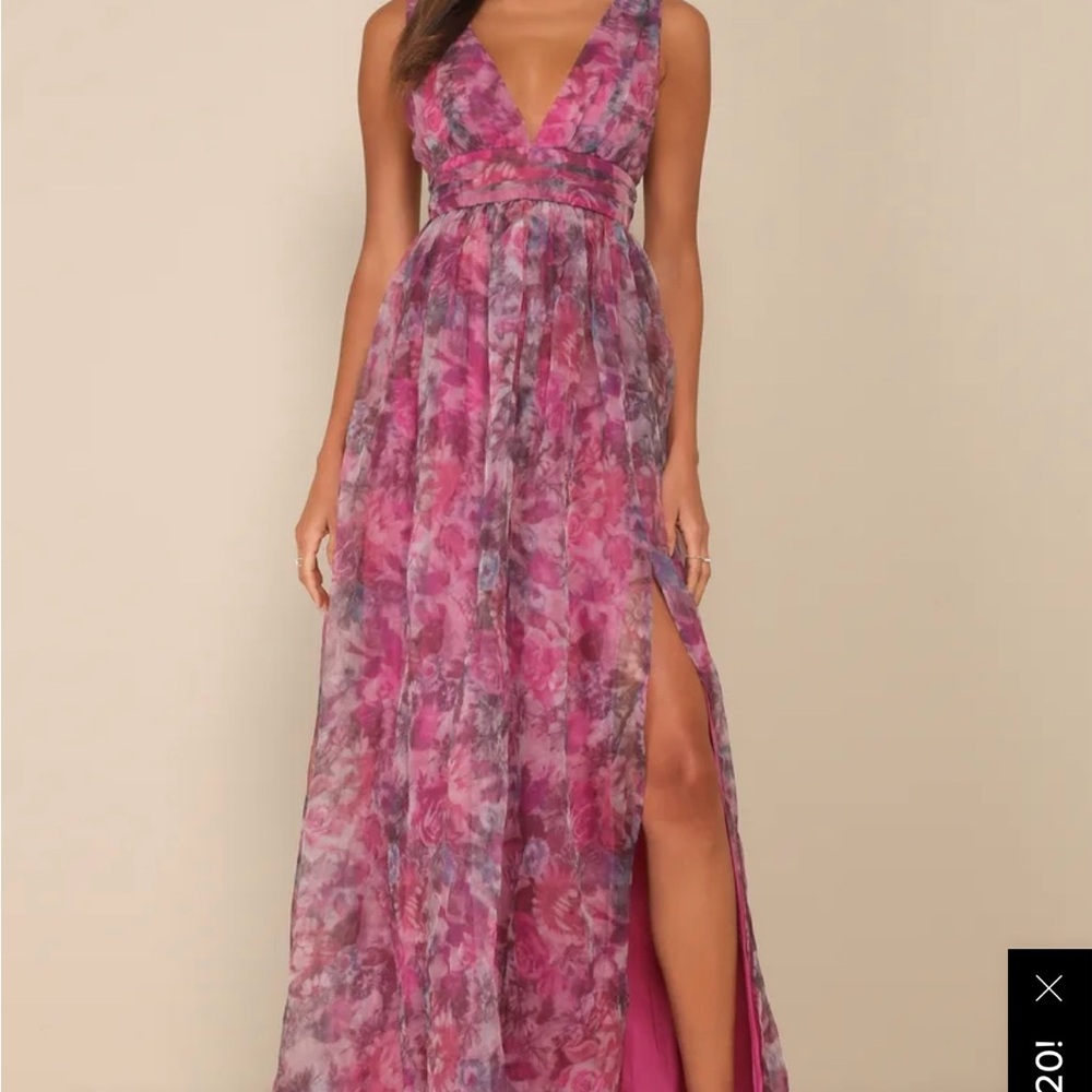 Lulus Garden Romance Magenta Floral Print Organza Maxi Dress